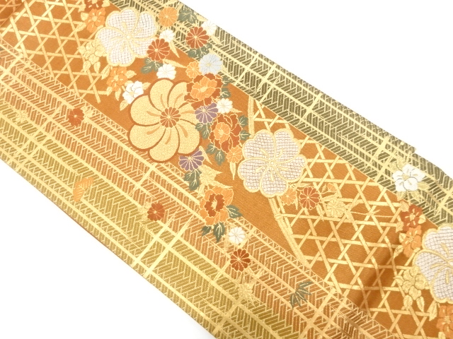 JAPANESE KIMONO / FUKURO OBI / SILK / WOVEN STRIPE & MESH & FLOWERS